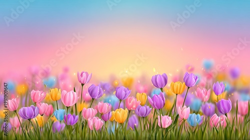 Vibrant field of blooming tulip flowers stretches across the foreground against a pastel colored sky