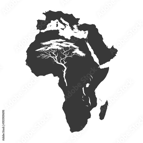 Silhouette of Africa with Acacia Tree