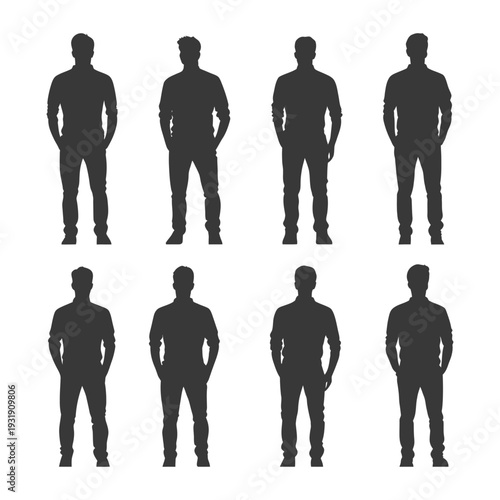 Silhouette of Eight Men Standing with Hands in Pockets