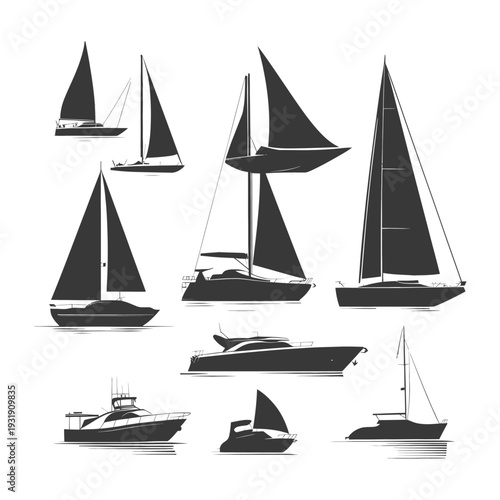 Silhouette of Eight Sailboats and Motorboats on Water