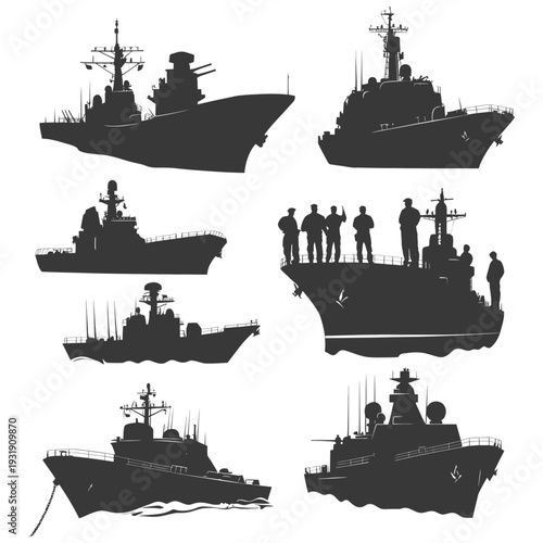 Silhouette of Military Ships with Crew Members