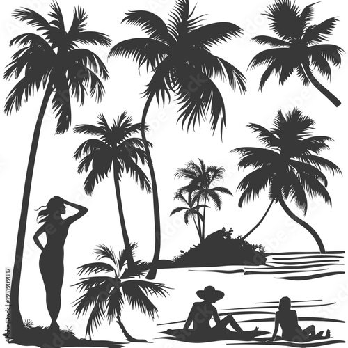 Silhouette of Palm Trees, Beach, and People Relaxing