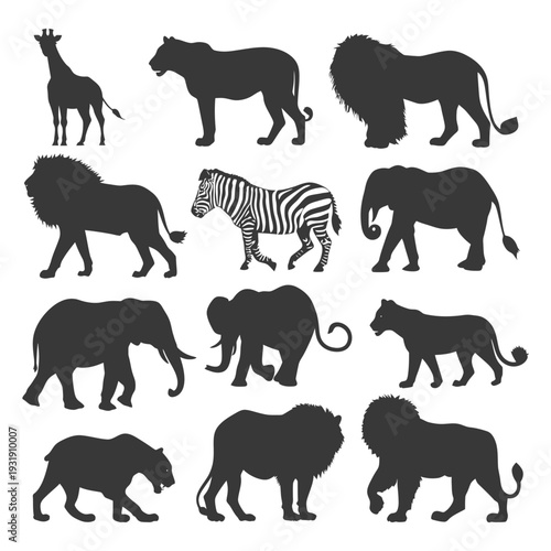 Silhouettes of African Wildlife Animals Including Giraffe, Lion, Zebra, and Elephant