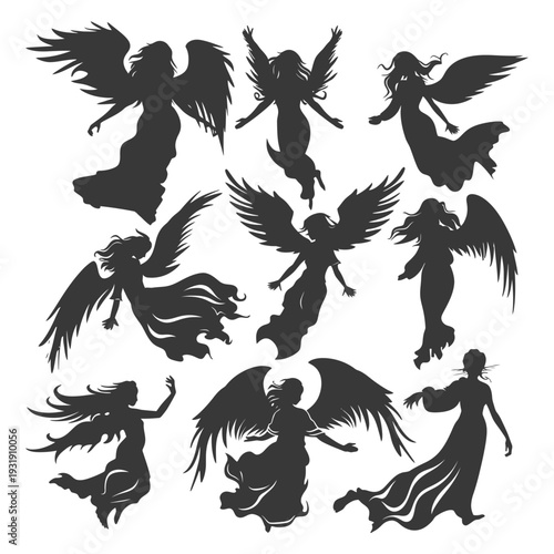 Silhouettes of Angels with Flowing Robes and Wings