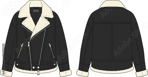 Black Aviator Shearling Jacket Technical Flat Fashion Sketch CAD Drawing Vector Illustration With Sherpa Lining Double Breasted Zipper And Belted Hem
