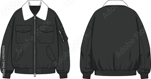 Black Aviator Bomber Jacket Technical Flat Fashion Sketch CAD Drawing Vector Illustration With Sherpa Fleece Collar Utility Pockets And Zippers