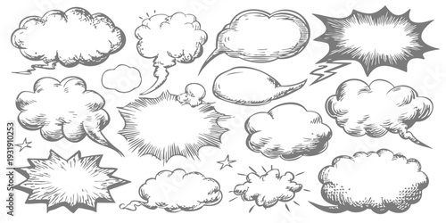 Set of hand-drawn comic speech bubbles and thought clouds in a vintage sketchy style for graphic design vector illustration