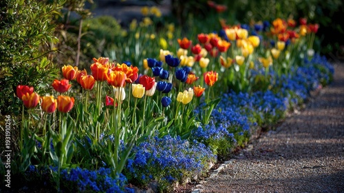 Vibrant mixed flower border displays tulips and groundcover alongside a textured pathway in bright sunlight