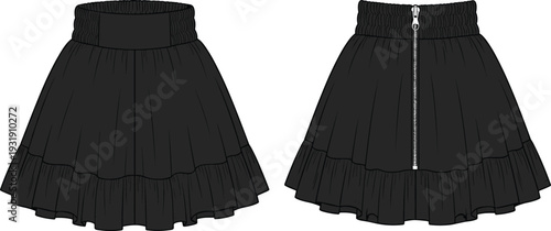 Black Ruffle Mini Skirt Technical Flat Fashion Sketch CAD Drawing Vector Illustration With Tiered Hem Wide Elastic Waistband and Zipper