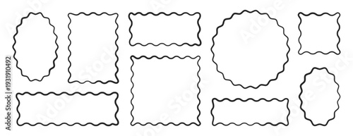 Hand drawn scallop wiggly edge frame different geometric shape. Black silhouette scalloped borders, serrated badges with wavy lace edges. Rectangle, oval, square, circle framework. Jagged box elements