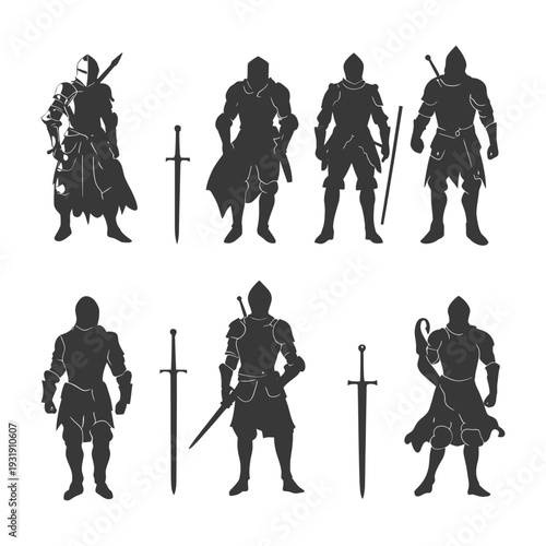 Silhouettes of Knights in Full Armor with Swords