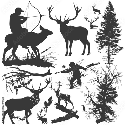 Silhouettes of Hunters, Deer, and Trees in a Forest Setting