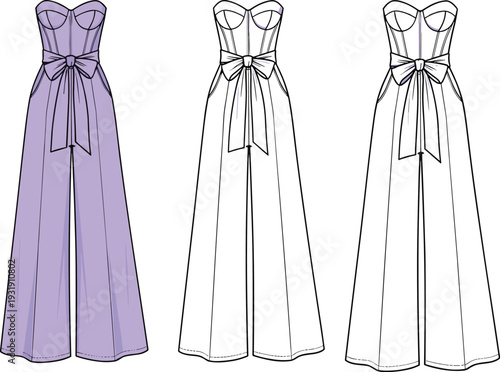 Purple and White Strapless Corset Jumpsuit with Bow Waist Wide Leg Technical Fashion Flat Sketch Vector Set, CAD Drawing Flat Vector Illustration