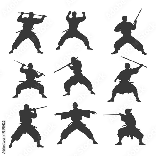 Silhouettes of Nine Ninjas in Various Fighting Poses with Swords and Sticks