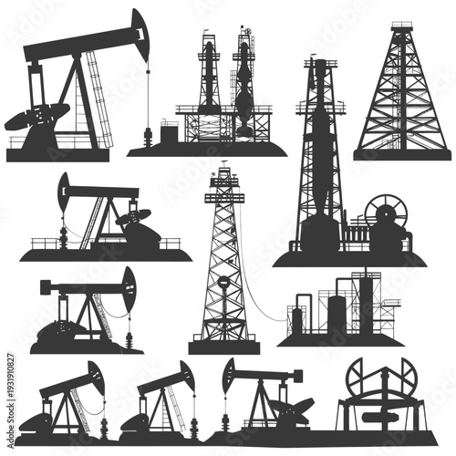 Silhouettes of Oil Rigs and Pump Jacks