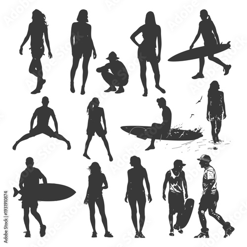 Silhouettes of People Enjoying the Beach and Surf