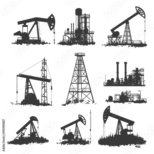 Silhouettes of Oil Rigs, Pumps, and Refinery Equipment