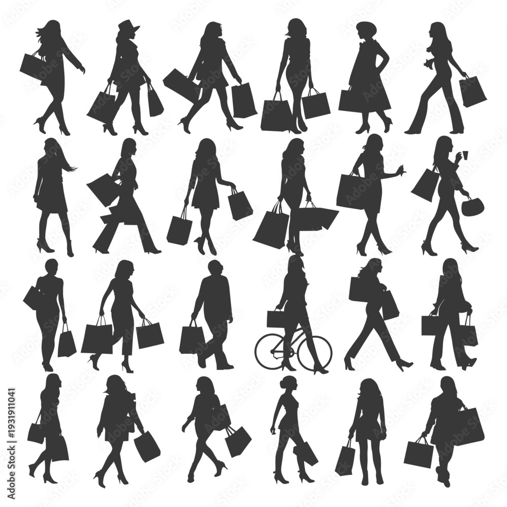 Fototapeta premium Silhouettes of People Shopping with Bags