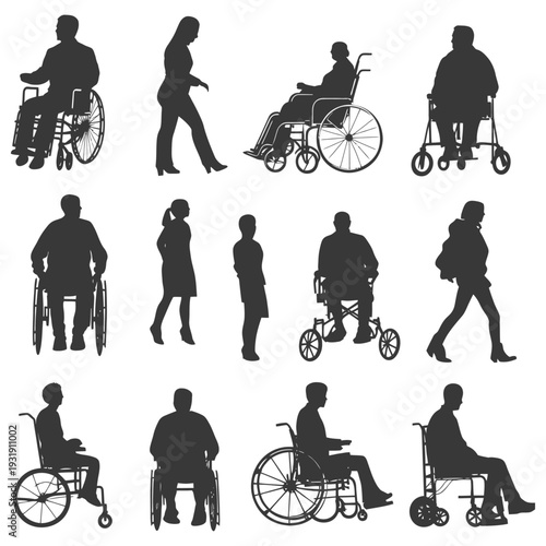 Silhouettes of People in Wheelchairs and Walking