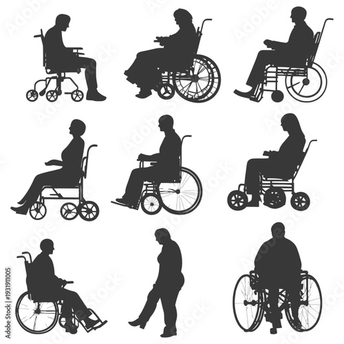 Silhouettes of people in wheelchairs and a person walking