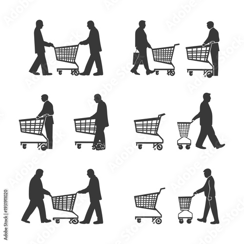 Silhouettes of People Pushing Shopping Carts in Various Positions