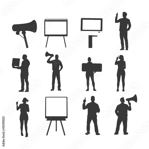 Silhouettes of People Presenting with Various Presentation Tools