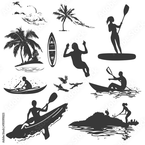Silhouettes of People Kayaking, Stand-Up Paddleboarding, and Jumping into Water