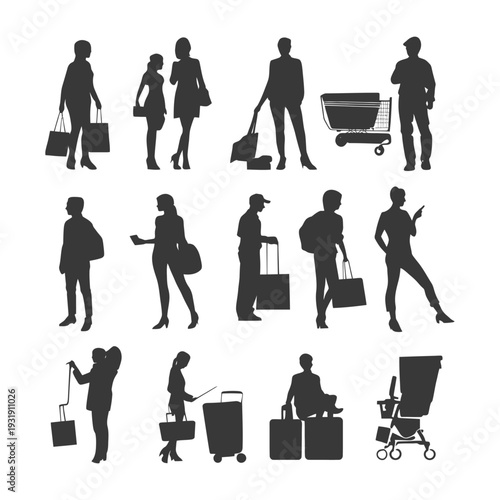 Silhouettes of People Shopping and Traveling with Bags and Luggage