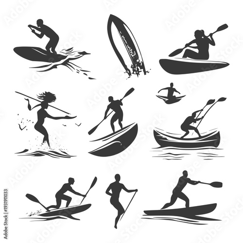 Silhouettes of People Kayaking, Canoeing, and Stand-Up Paddleboarding