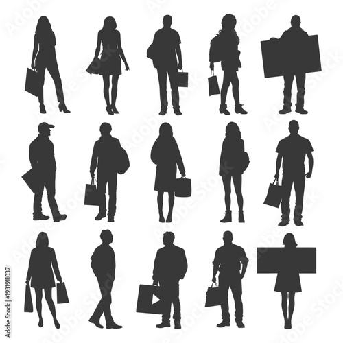 Silhouettes of People Shopping with Bags and a Sign