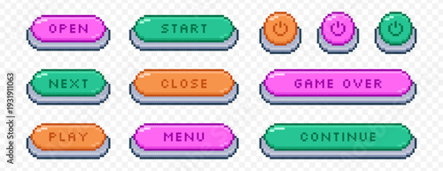 Vector set of colorful pixel art open, next, play and close buttons. Pixelated video game icons, on off power symbol, text box frames, interface menu elements in 8bit retro style. Arcade ui graphics