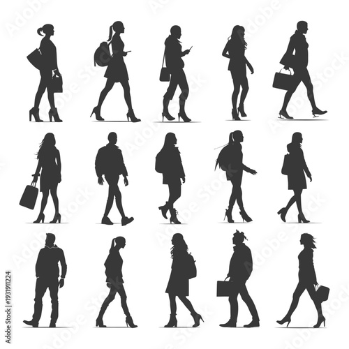 Silhouettes of People Walking with Bags and Accessories
