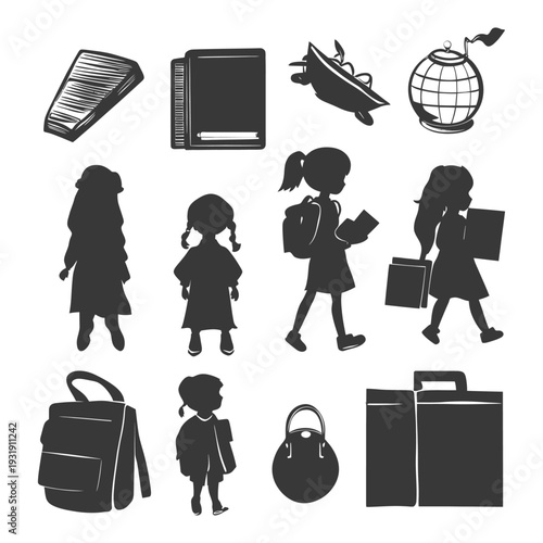 Silhouettes of School Children and Related Objects