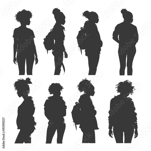 Silhouettes of Six Black Women with Different Hairstyles and Clothing Styles