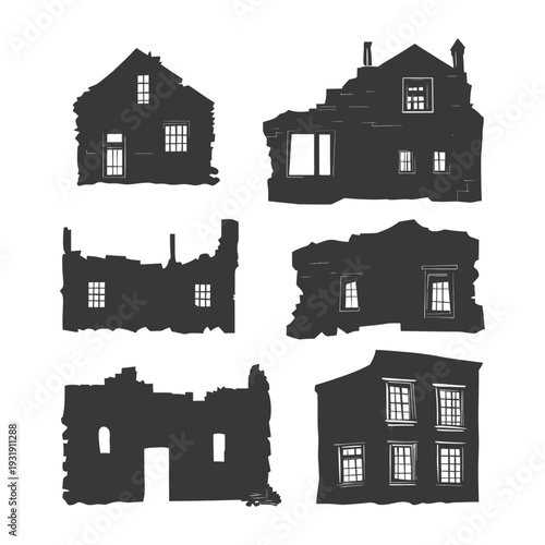 Silhouettes of Six Ruined Houses with Windows