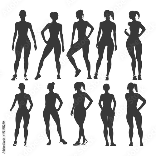 Silhouettes of Ten Athletic Women in Various Poses