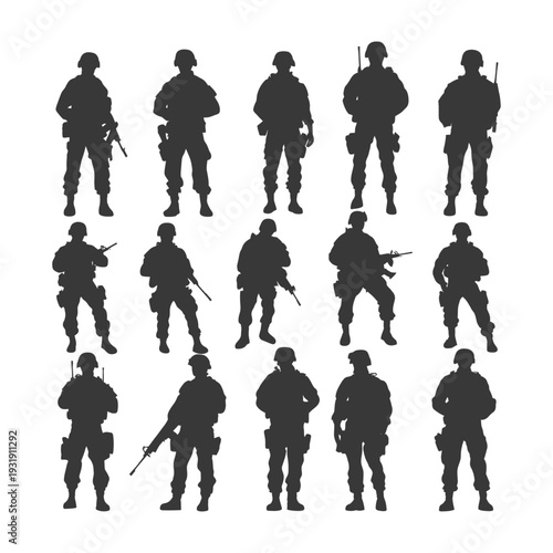 Silhouettes of Soldiers in Various Poses with Weapons