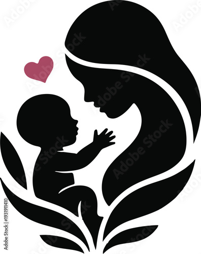 Stylized silhouette icon of a mother gently cradling her baby, with a prominent red heart symbolizing profound maternal love, care, and the enduring family bond