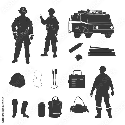 Silhouettes of Two Firefighters, Equipment, and a Fire Engine