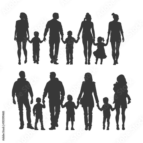 Silhouettes of two families with children holding hands