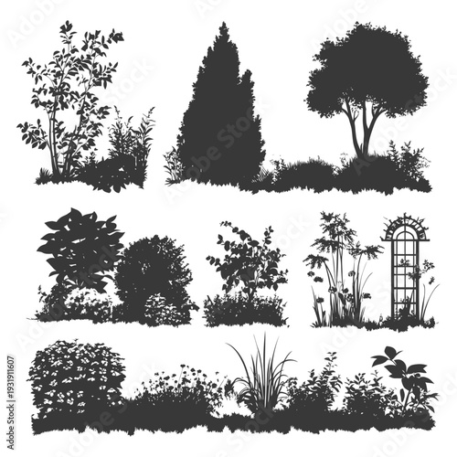 Silhouettes of Various Trees and Bushes in a Garden Setting