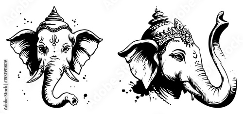 Pair of decorative elephant heads with ornate details in traditional ink style