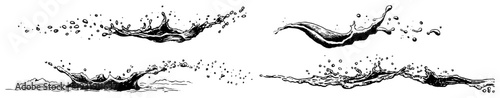 Collection of vintage ink sketches featuring various water splashes and liquid wave ripples