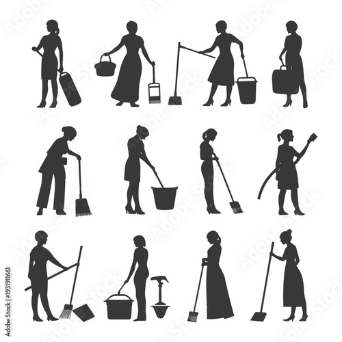 Silhouettes of Women Cleaning with Various Cleaning Tools