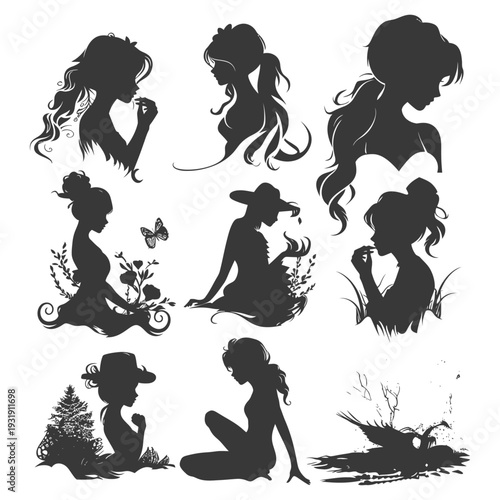 Silhouettes of Women in Various Poses with Nature Elements