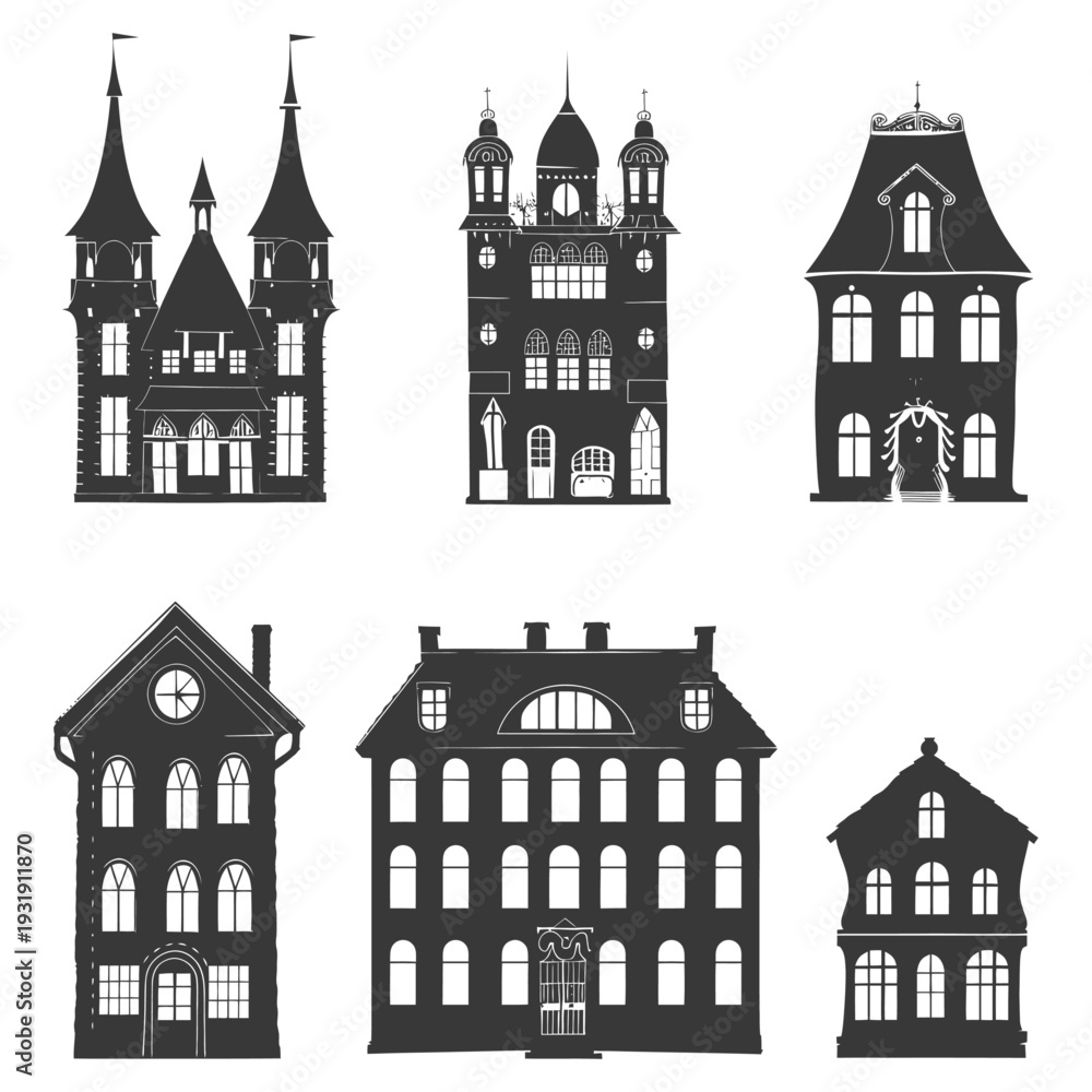 Obraz premium Six Black Silhouettes of Different Architectural Houses
