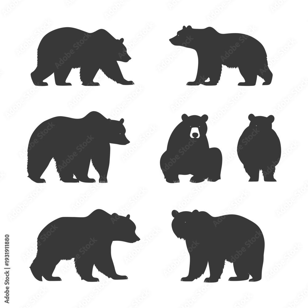 Fototapeta premium Six Black Bear Silhouettes in Various Poses