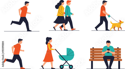Cartoon people in everyday park activities, running, walking, dog walking, stroller pushing, bench sitting, urban lifestyle vector art