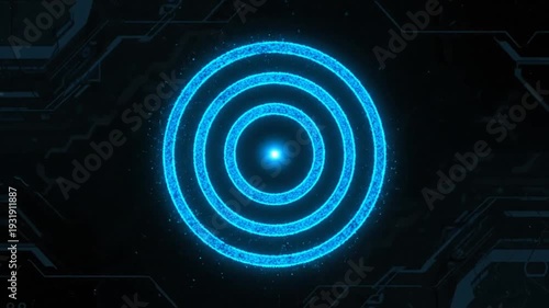 A glowing blue concentric circle pattern on a dark technological background VIDEO footage