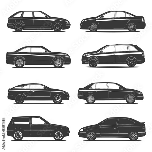 Six Black Silhouettes of Different Car Models